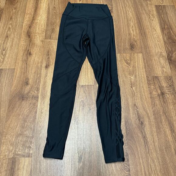 Carbon38 Women Solid Black Lace up Mesh Panel High Waist Yoga Leggings Small - Picture 1 of 7